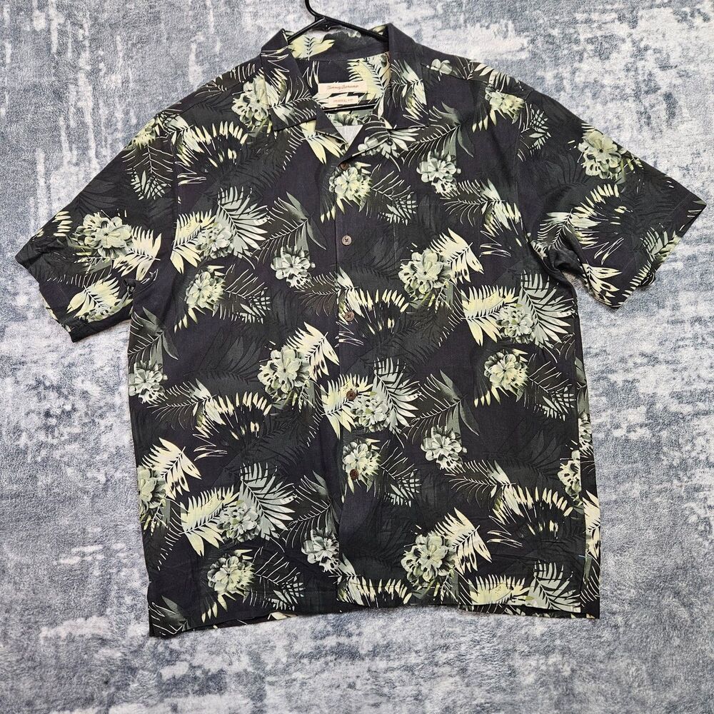 Tommy Bahama Men's XL Silk Floral Camp Tropical Shirt Original Fit Black Green